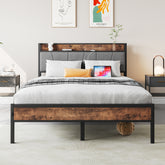 Full Bed Frame with Storage Headboard & Charging Station, Brown/Gray